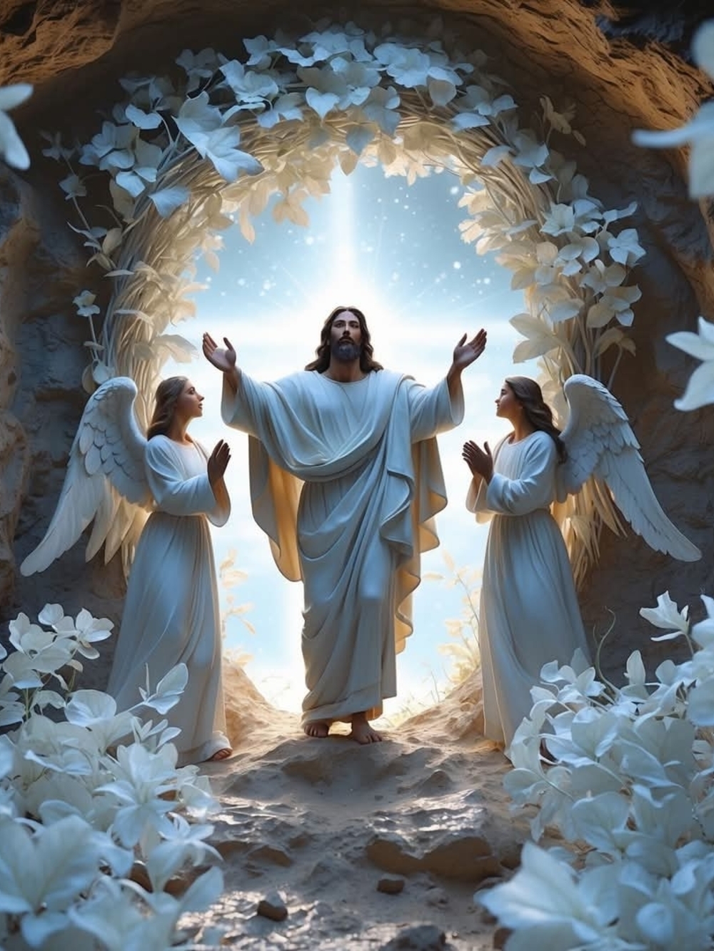 Resplendent White Jesus and Angels Wall Art On Black Stone Slate